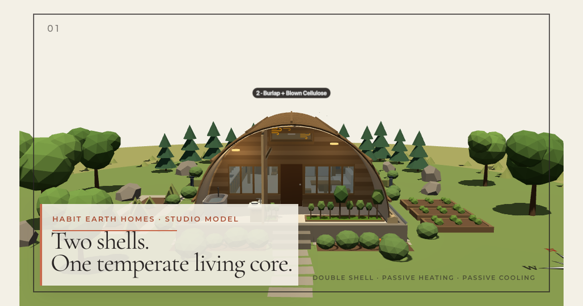 Animated-model still of a Habit Earth Homes studio with the words Two shells. One temperate living core.